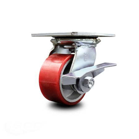 Service Caster 4 Inch Heavy Duty Red Poly on Cast Iron Caster with Roller Bearing and Brake SCC-35S420-PUR-RS-SLB
